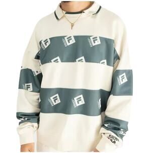 Krost x FILA Striped Collared Pullover Sweatshirt Cream Sage Green Size XS